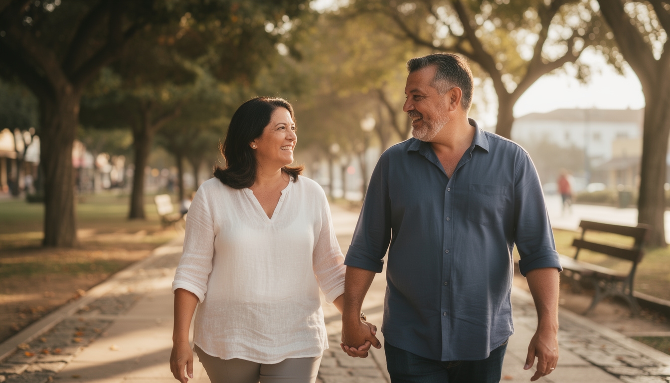 Pareja adulta disfrutando de un paseo diario en parque urbano de Chile