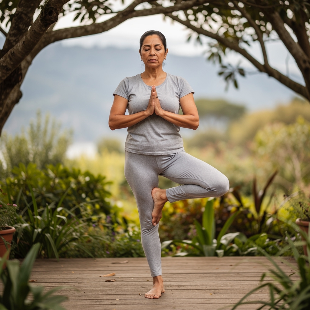 Adulta realizando yoga al aire libre en entorno natural